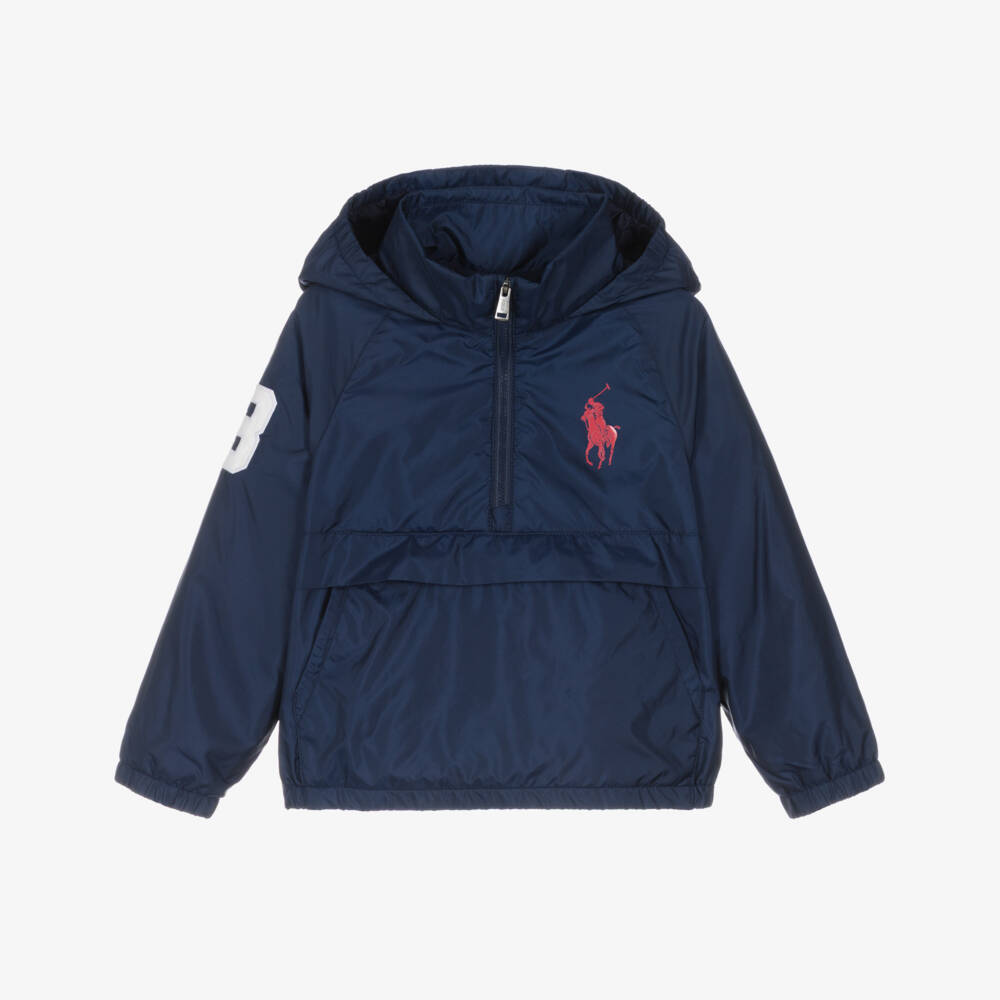 Ralph Lauren-Boys Navy Blue Nylon Packable Jacket with Red Big Pony Logo | Childrensalon Outlet