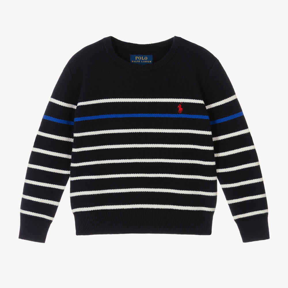 Ralph Lauren Boys Navy Blue Stripe Cotton Jumper Childrensalon Outlet