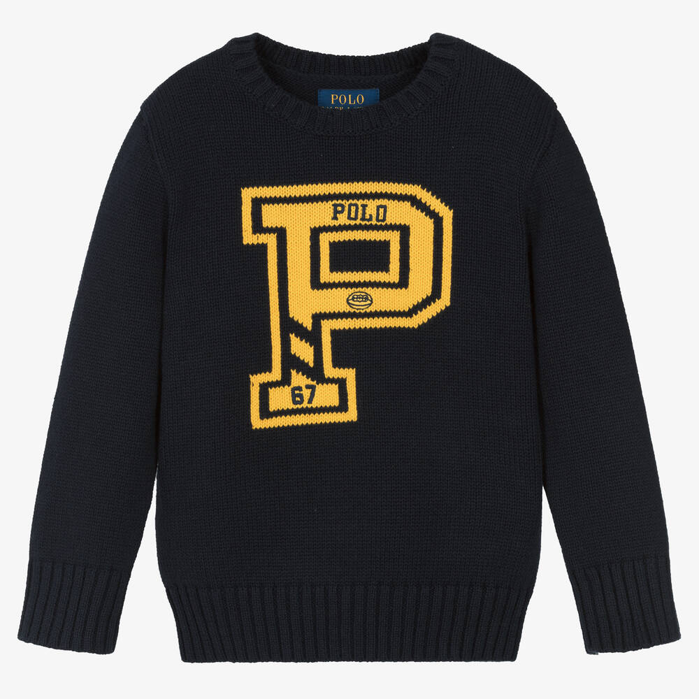 Ralph Lauren - Pull bleu marine et jaune en coton | Childrensalon