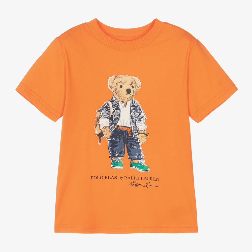 Ralph Lauren - Boys Orange Cotton Bear T-Shirt | Childrensalon