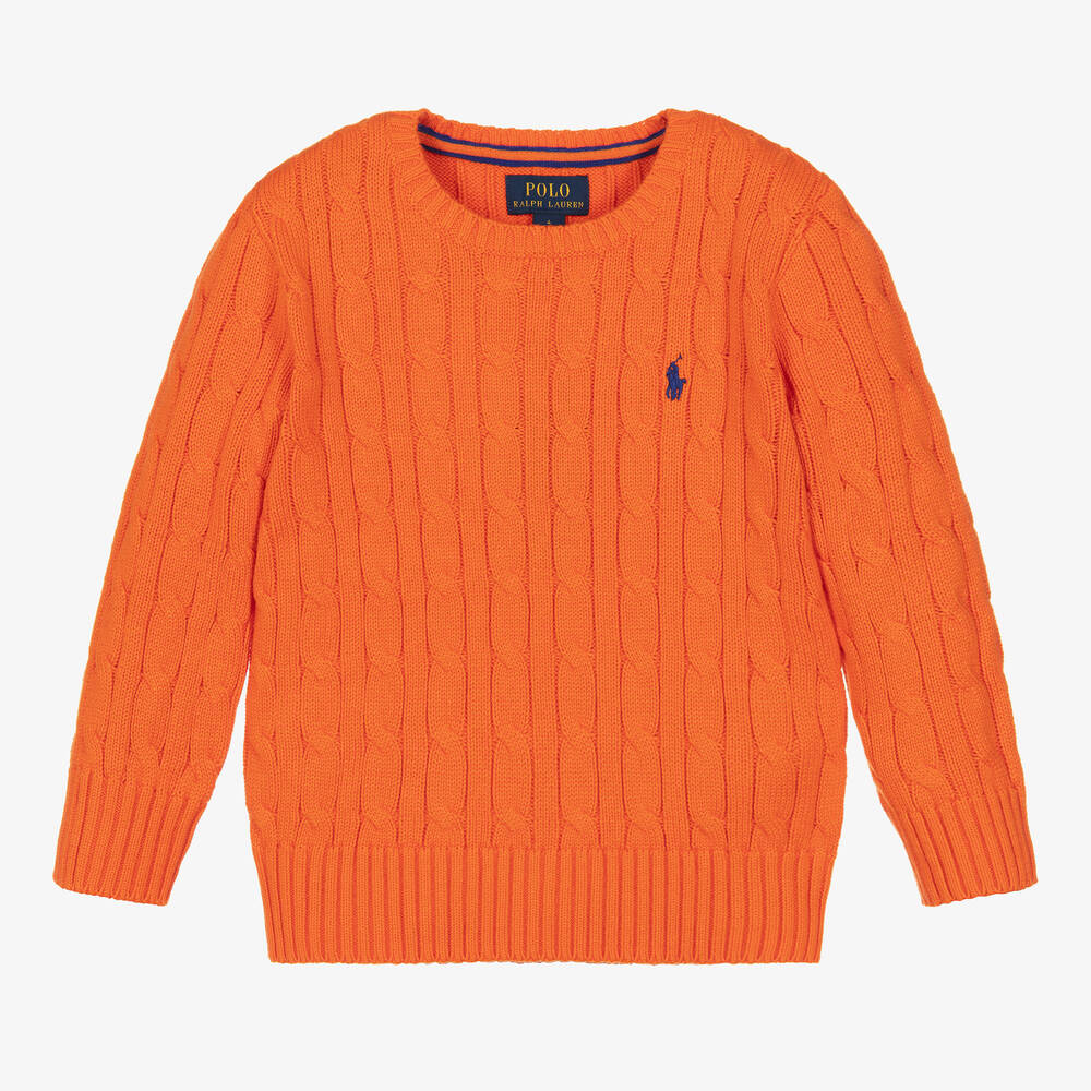 Boys Orange Cotton Cable Knit Sweater
