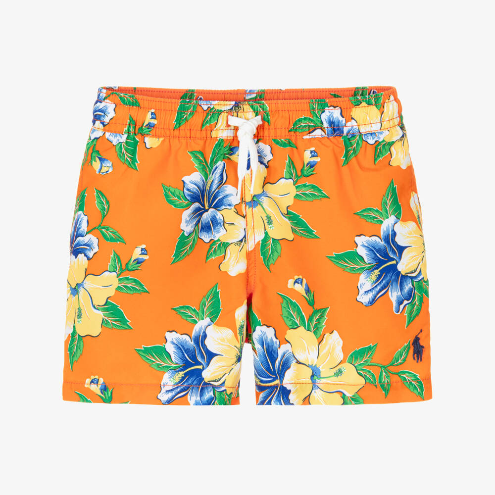 Ralph Lauren-Boys Orange Hibiscus Print Swim Shorts | Childrensalon Outlet