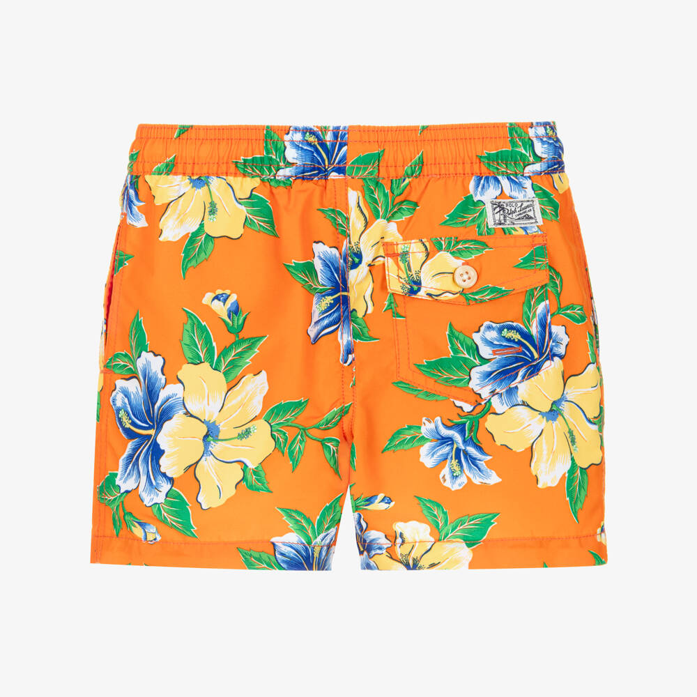 Ralph Lauren-Boys Orange Hibiscus Print Swim Shorts | Childrensalon Outlet