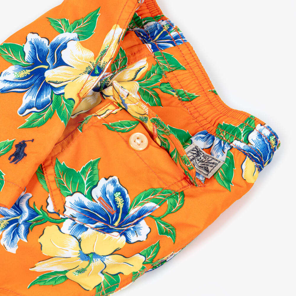 Ralph Lauren-Boys Orange Hibiscus Print Swim Shorts | Childrensalon Outlet