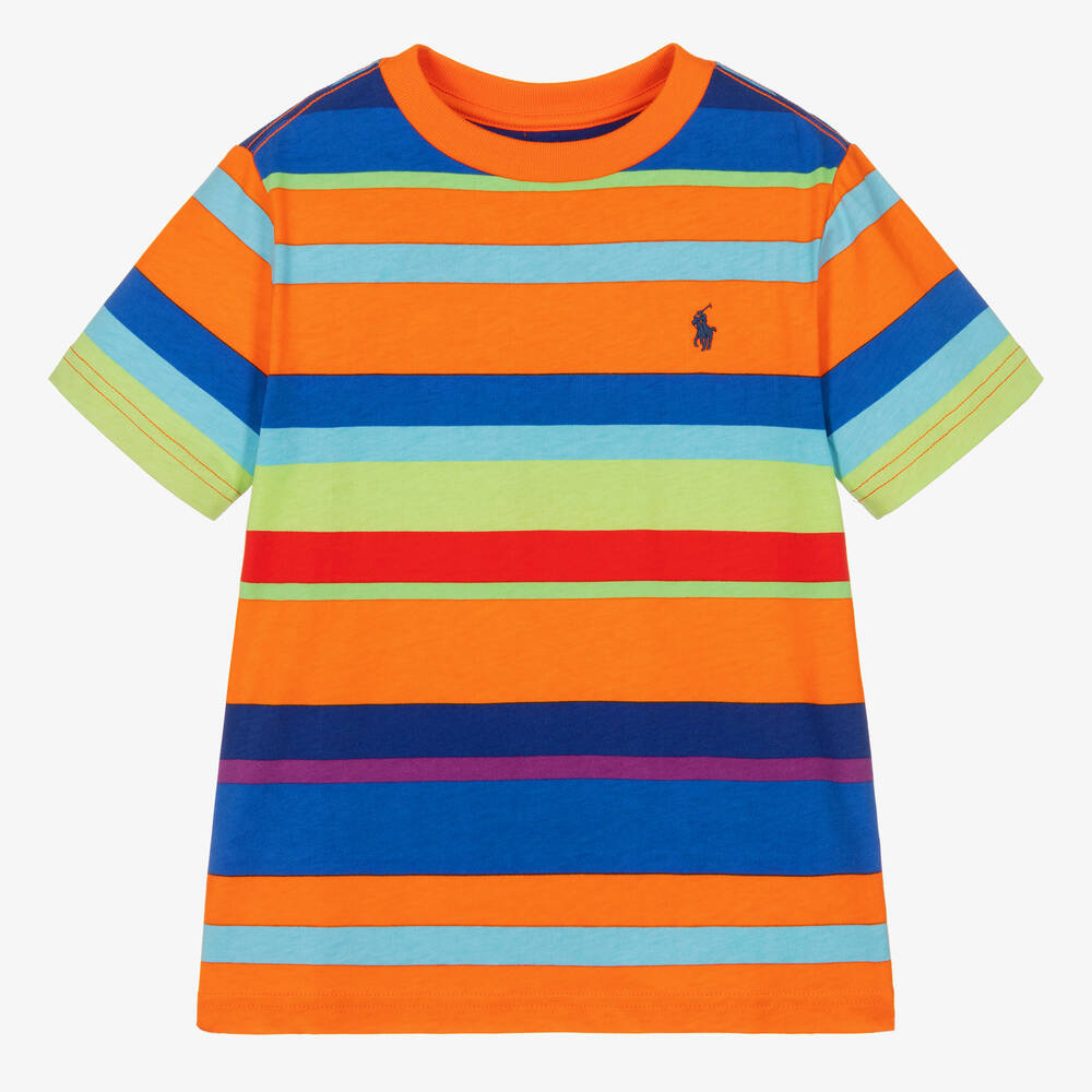 Ralph Lauren - Boys Orange Striped Cotton T-Shirt | Childrensalon