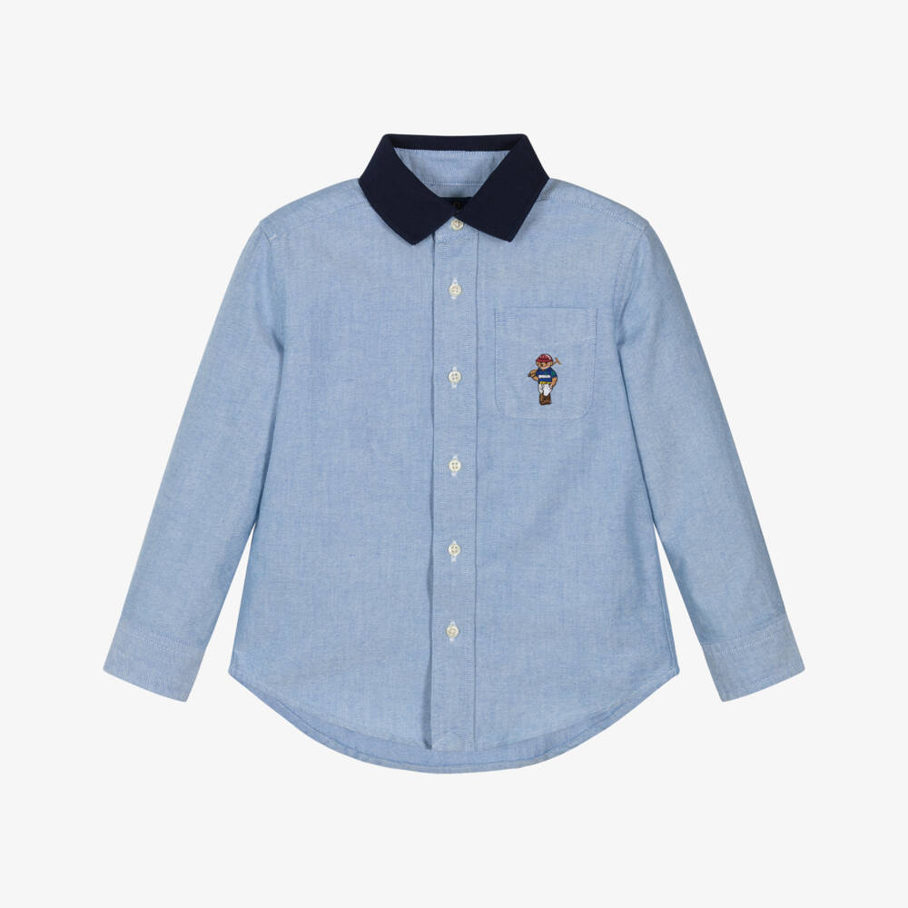 Ralph Lauren-Boys Pale Blue Cotton Shirt with Polo Bear Embroidery | Childrensalon Outlet