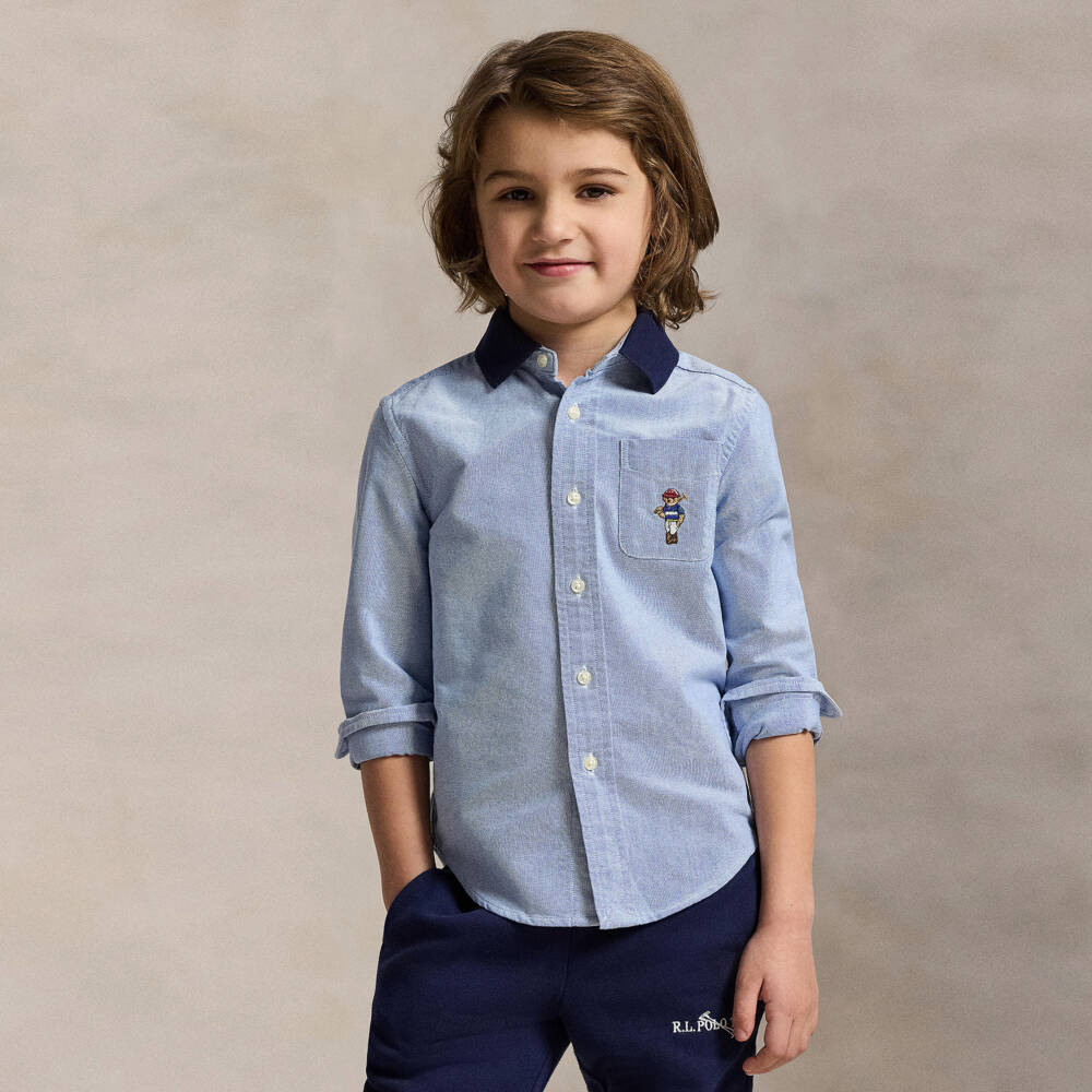 Ralph Lauren-Boys Pale Blue Cotton Shirt with Polo Bear Embroidery | Childrensalon Outlet