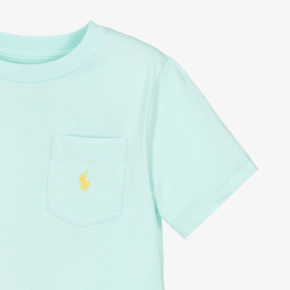 Ralph Lauren-Boys Pale Turquoise Blue Cotton Pocket T-Shirt with Pony Logo | Childrensalon Outlet