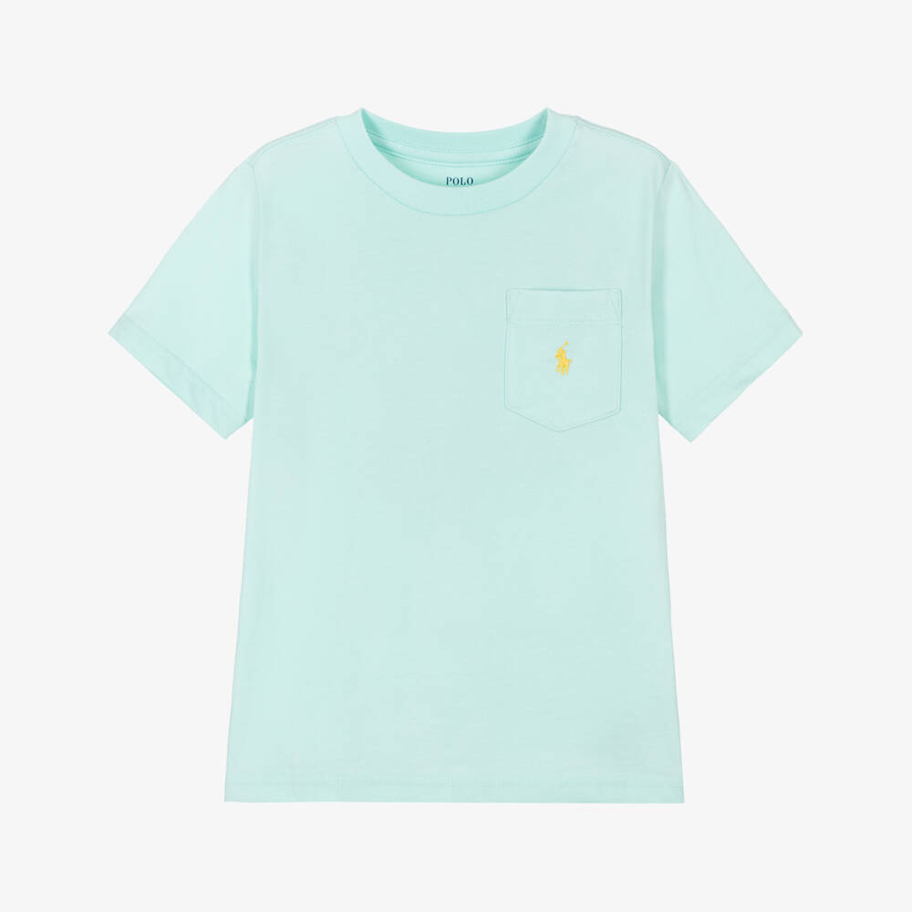 Ralph Lauren-Boys Pale Turquoise Blue Cotton Pocket T-Shirt with Pony Logo | Childrensalon Outlet