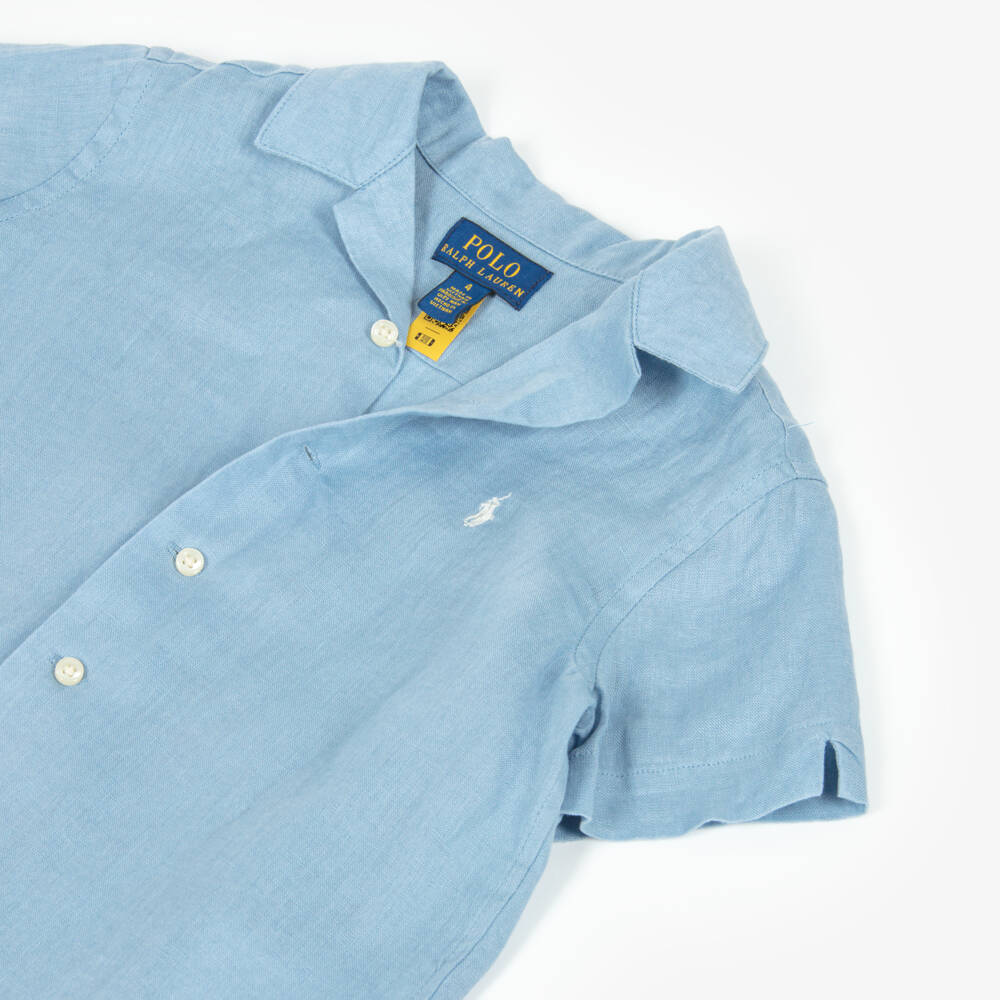 Ralph Lauren-Boys Pastel Blue Short Sleeve Linen Shirt | Childrensalon Outlet