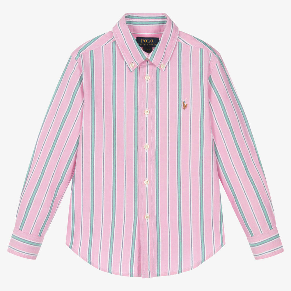 Ralph Lauren - Boys Pink & Green Striped Cotton Shirt | Childrensalon