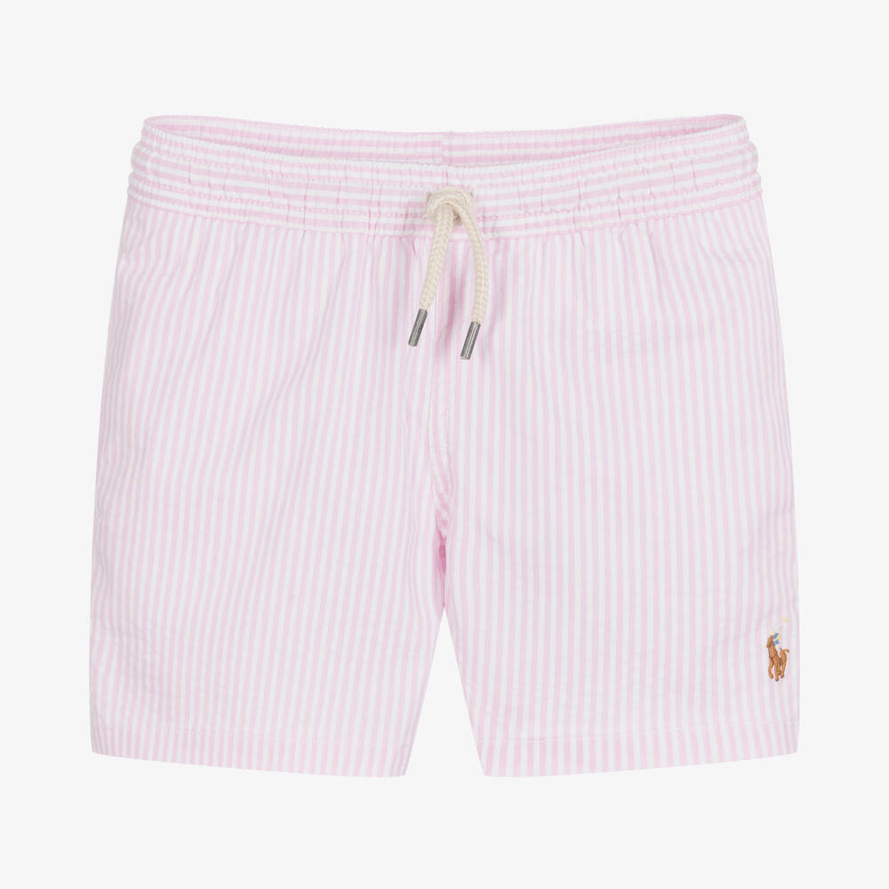 Ralph Lauren-شورت سباحة قطن سيرسوكر مقلم لون زهري للأولاد | Childrensalon Outlet