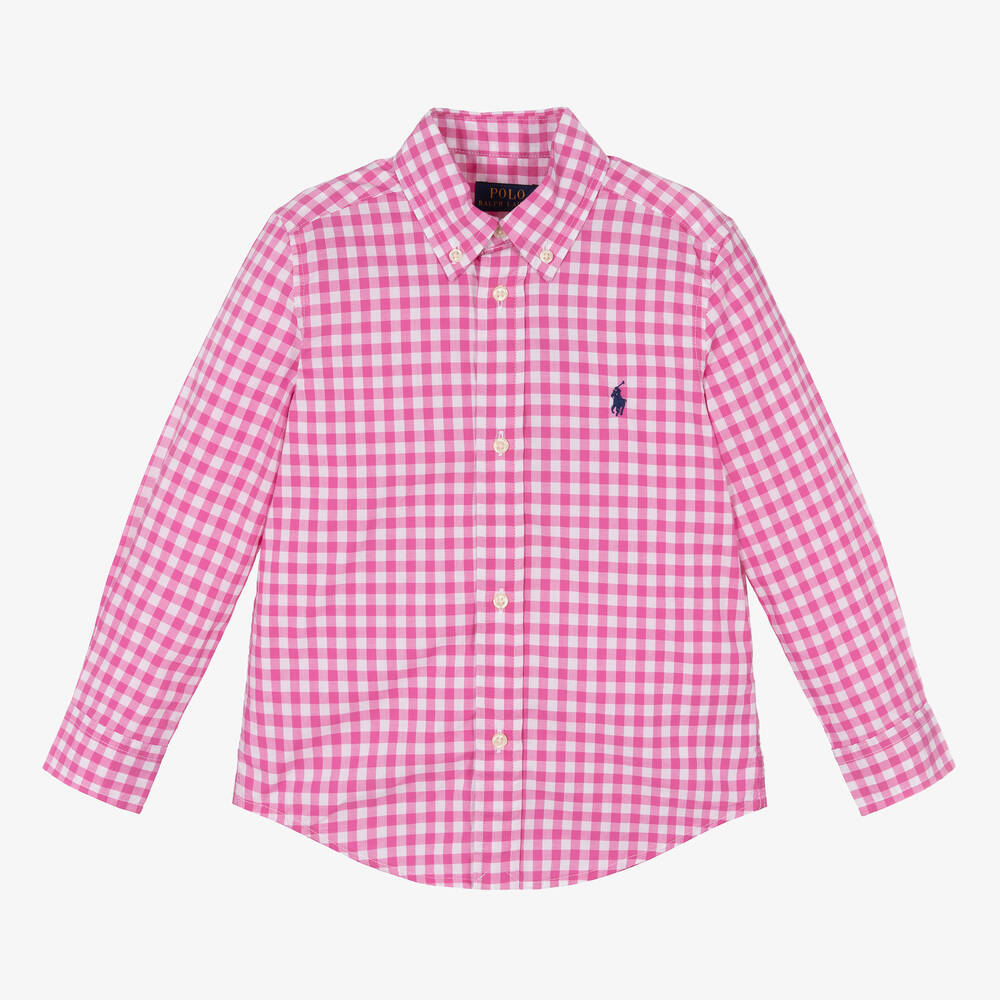 Polo Ralph Lauren - قميص قطن كاروهات لون زهري وأبيض للأولاد | Childrensalon