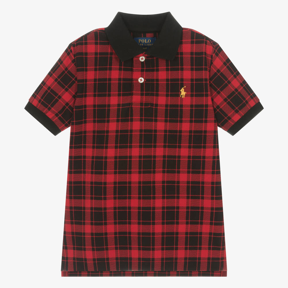 Ralph Lauren - Polo tartan rouge et noir en coton | Childrensalon