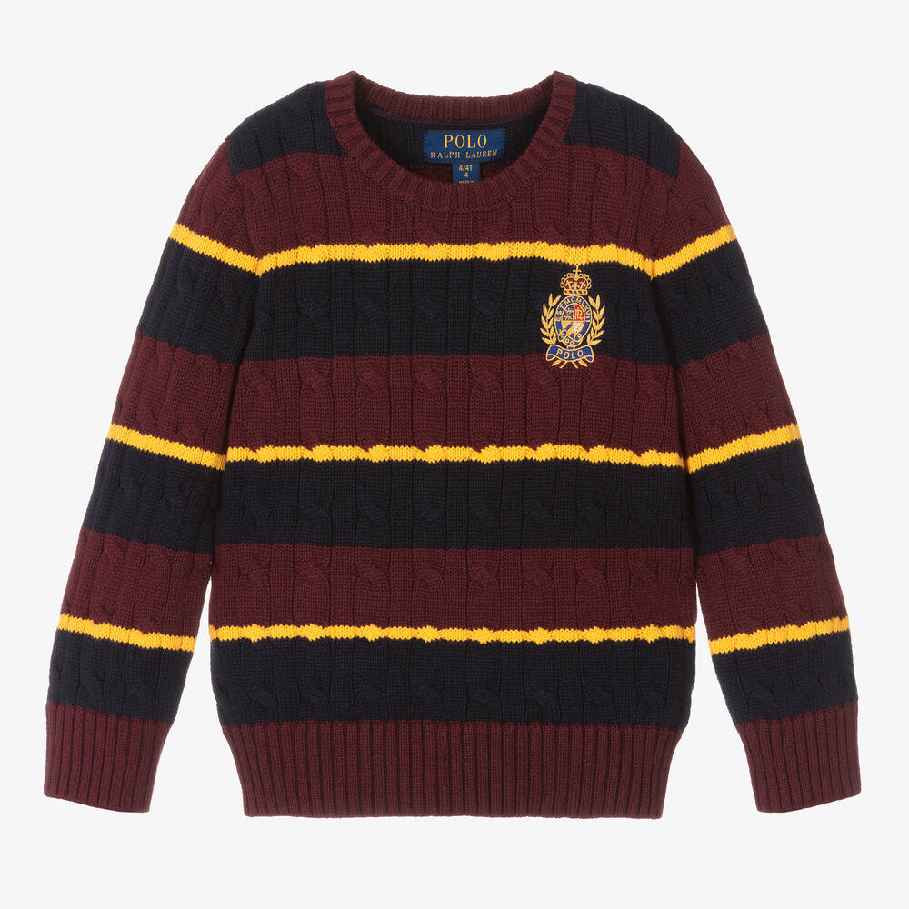 Ralph Lauren - Boys Red & Blue Stripe Cotton Sweater | Childrensalon