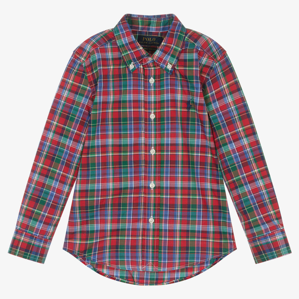 Ralph Lauren - قميص قطن بوبلين كاروهات لون أحمر للأولاد | Childrensalon