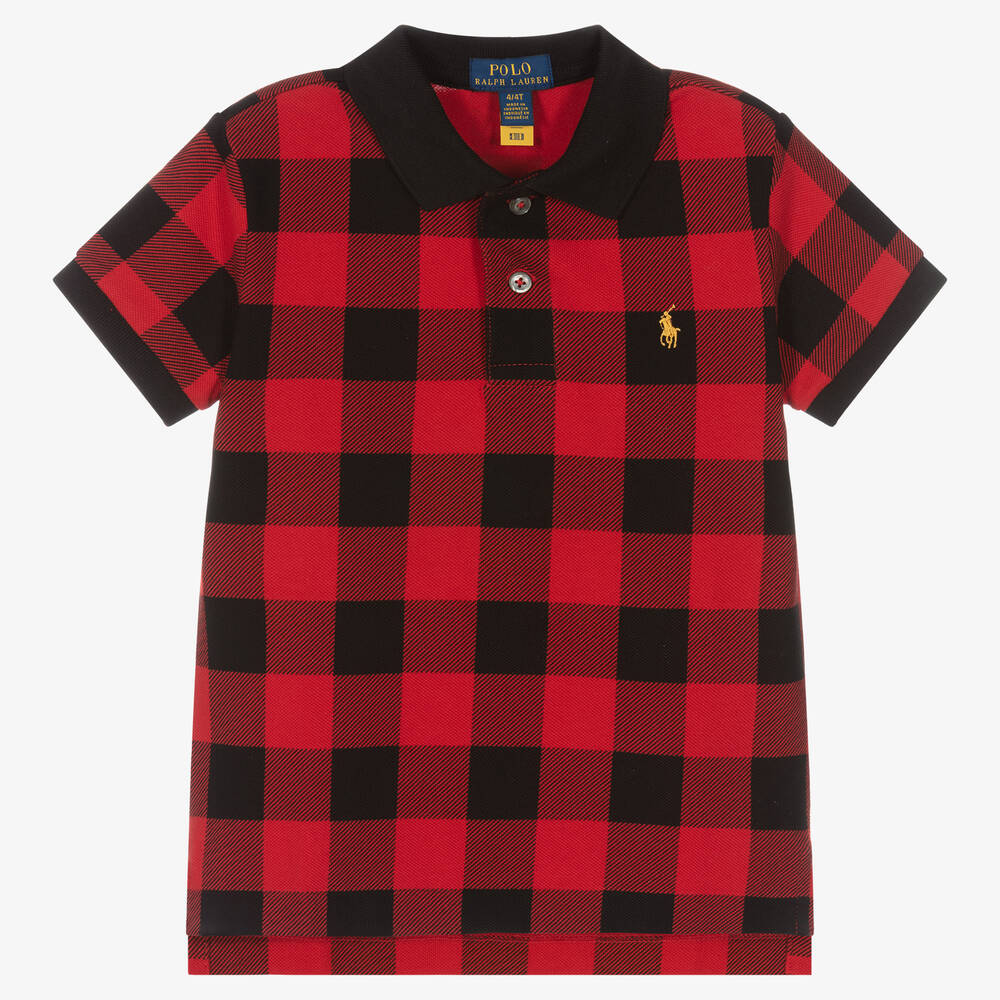 Polo Ralph Lauren - توب بولو قطن بيكيه كاروهات لون أحمر للأولاد | Childrensalon