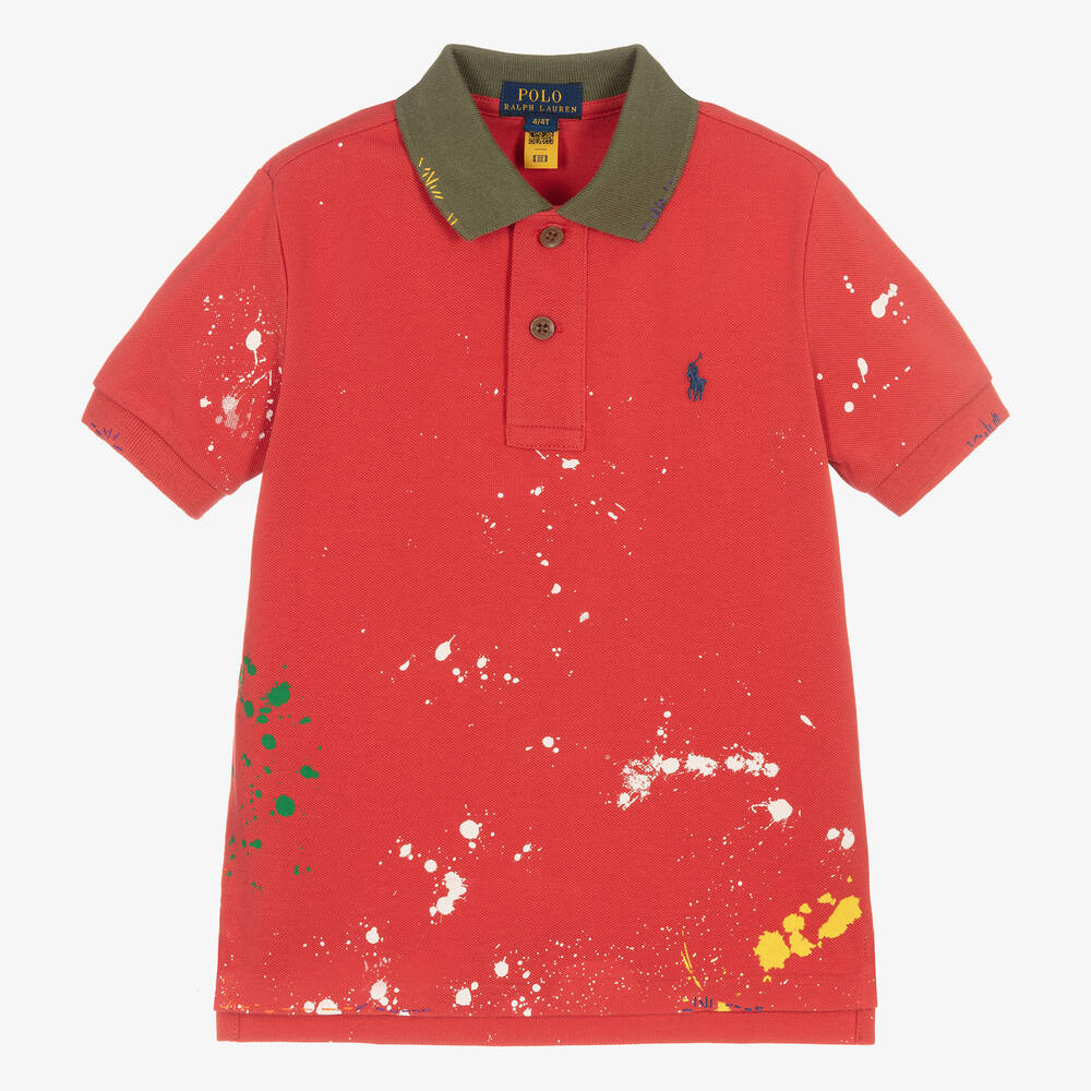 Ralph Lauren - Boys Red Cotton Paint Splatter Polo Shirt | Childrensalon
