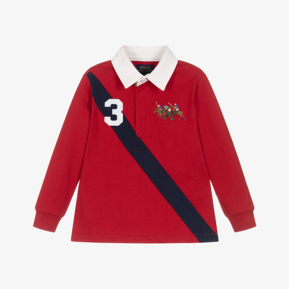 Ralph Lauren-Boys Red Cotton Rugby Shirt with Triple Pony Logo | Childrensalon Outlet