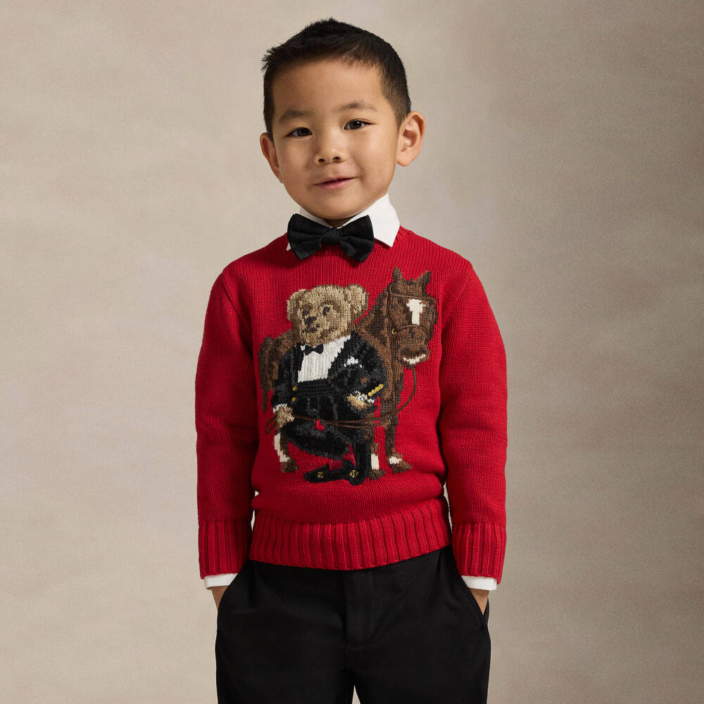 Ralph Lauren-Boys Red Cotton Sweater with Lunar New Year Polo Bear Logo | Childrensalon Outlet
