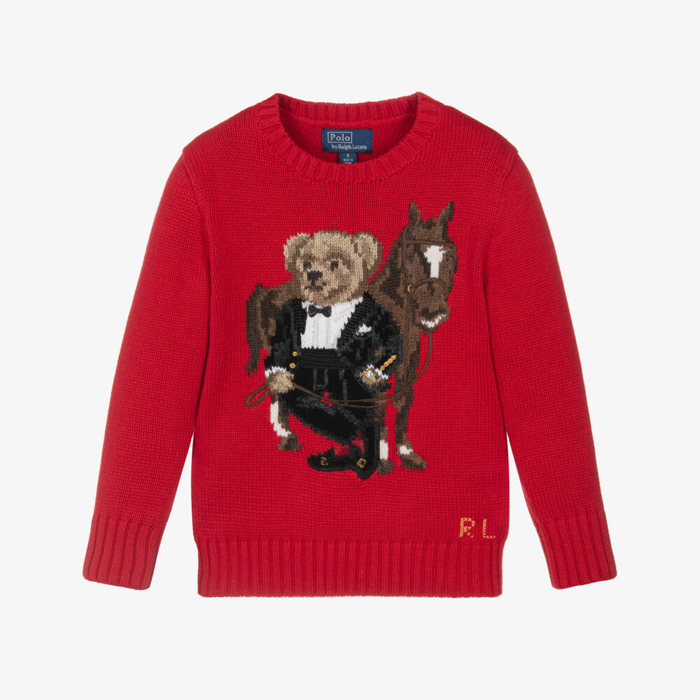 Ralph Lauren-Boys Red Cotton Sweater with Lunar New Year Polo Bear Logo | Childrensalon Outlet