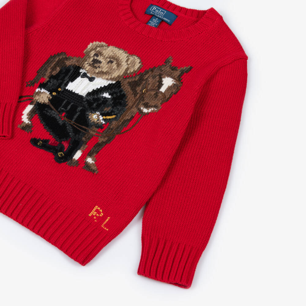 Ralph Lauren-Boys Red Cotton Sweater with Lunar New Year Polo Bear Logo | Childrensalon Outlet