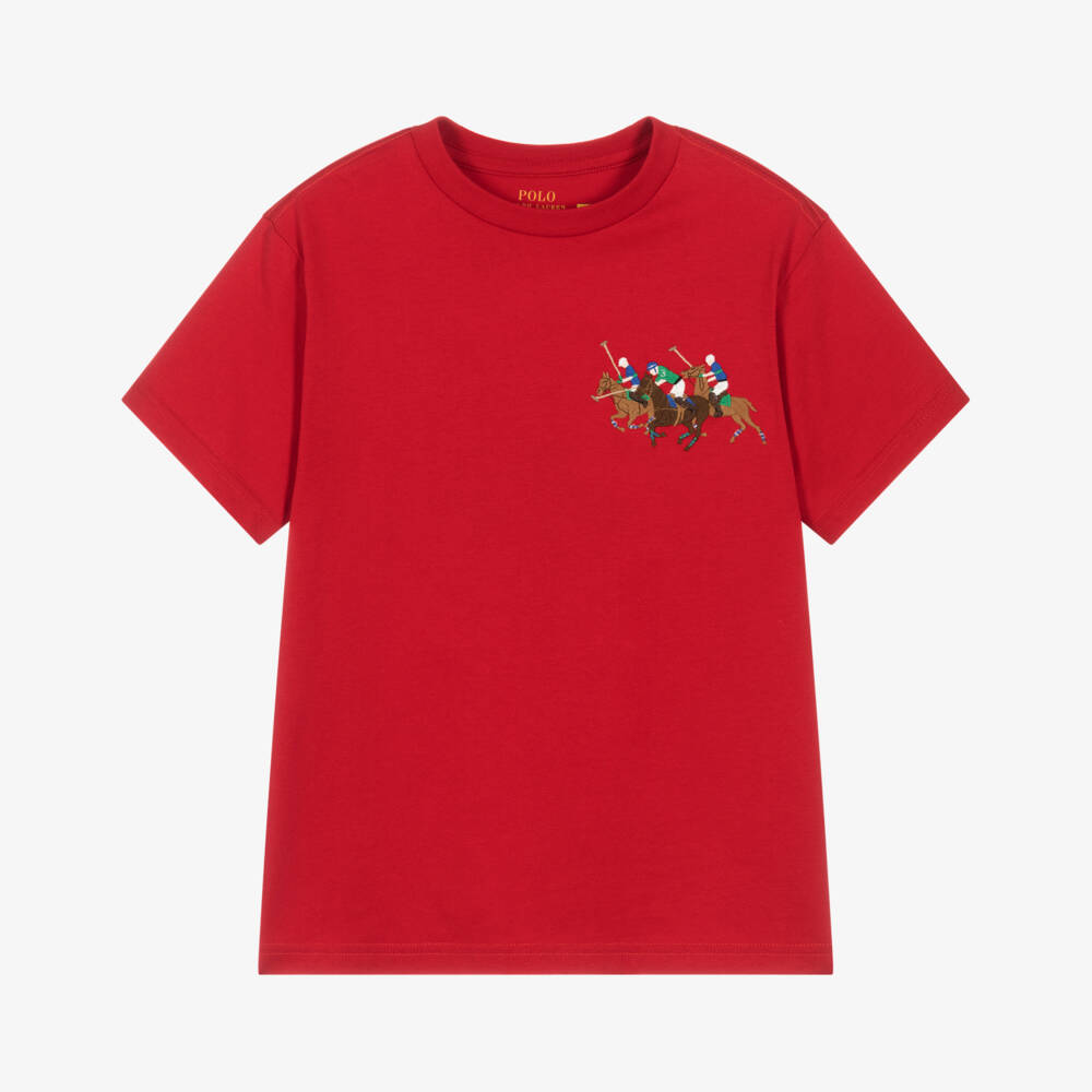 Ralph Lauren-Boys Red Cotton T-Shirt with Triple-Pony Logo | Childrensalon Outlet