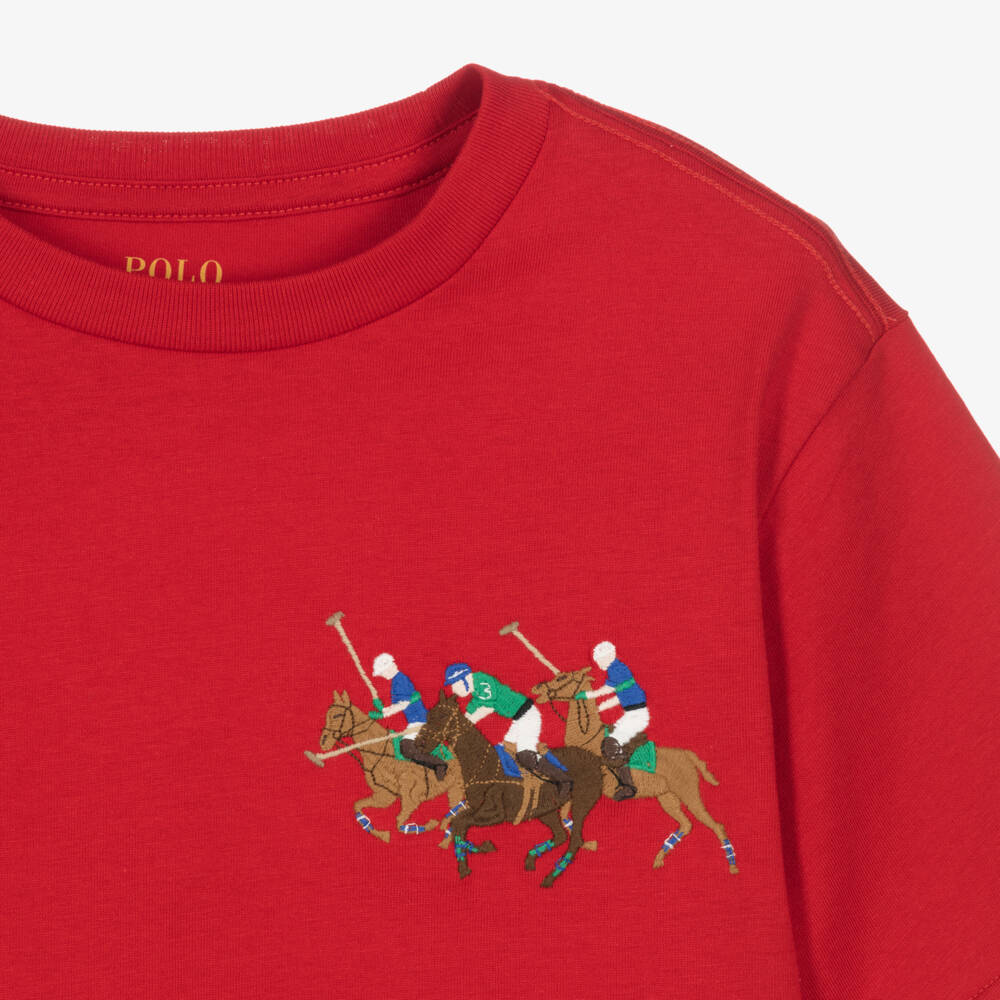 Ralph Lauren-Boys Red Cotton T-Shirt with Triple-Pony Logo | Childrensalon Outlet