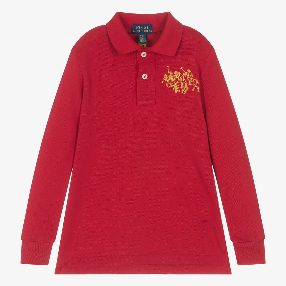 Ralph Lauren Boys Red Cotton Triple Pony Polo Shirt Childrensalon Outlet