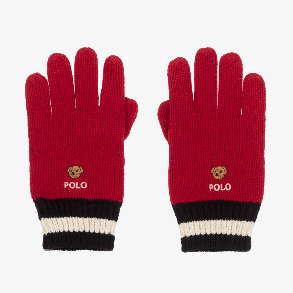 Ralph Lauren - Boys Red Knitted Polo Bear Gloves | Childrensalon