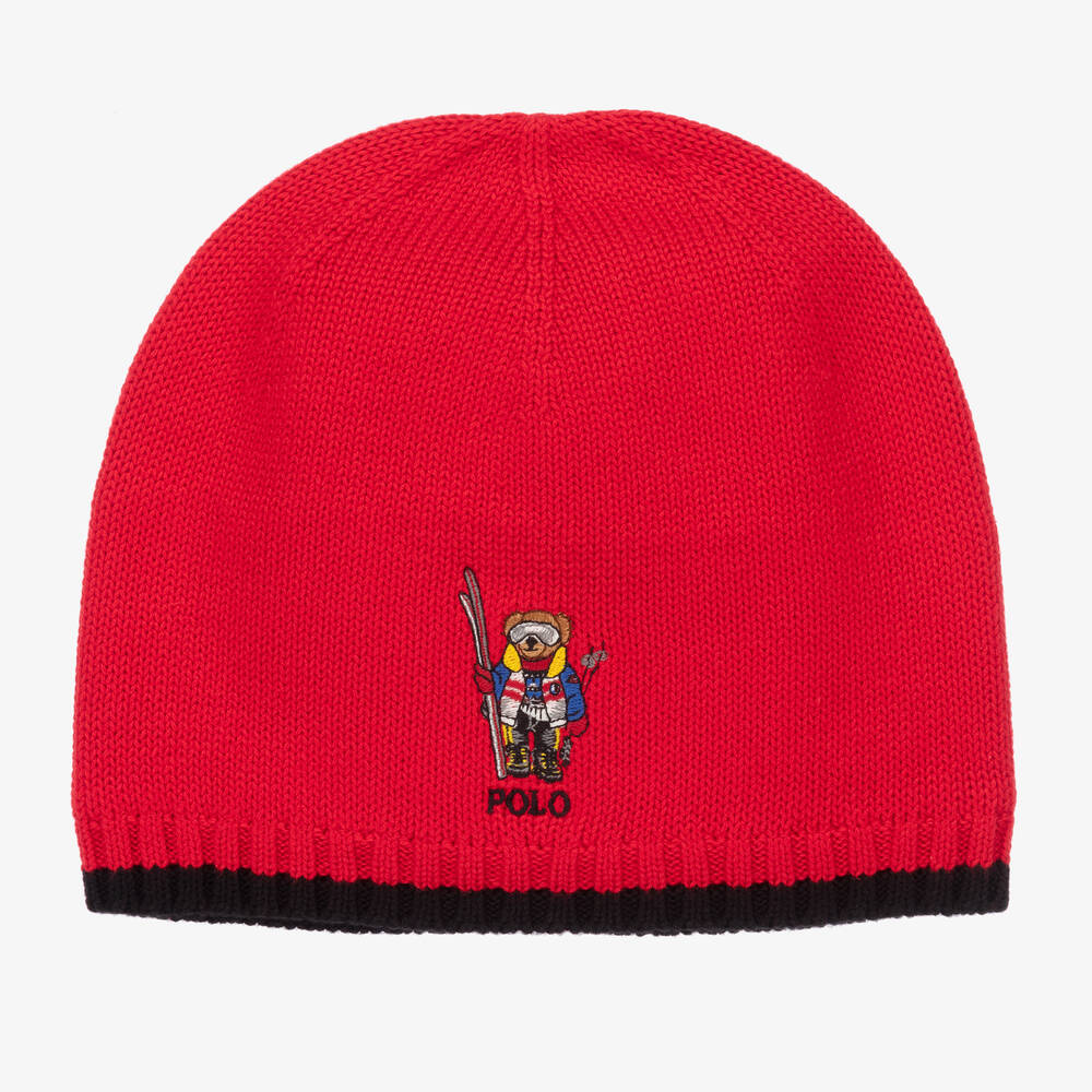 Polo Ralph Lauren - قبعة بيني قطن محبوك لون أحمر للأولاد | Childrensalon