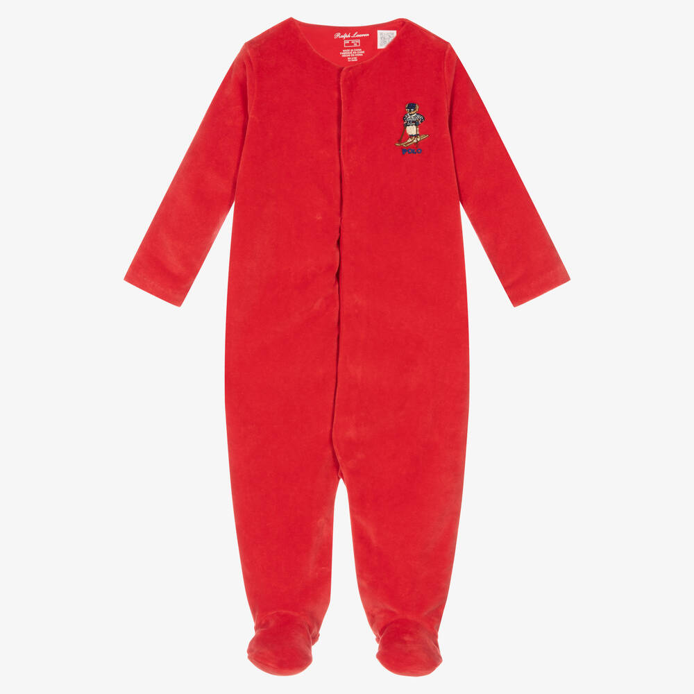 Ralph Lauren - أفرول بيبي غرو قطن قطيفة لون أحمر للمواليد - قطعتين | Childrensalon
