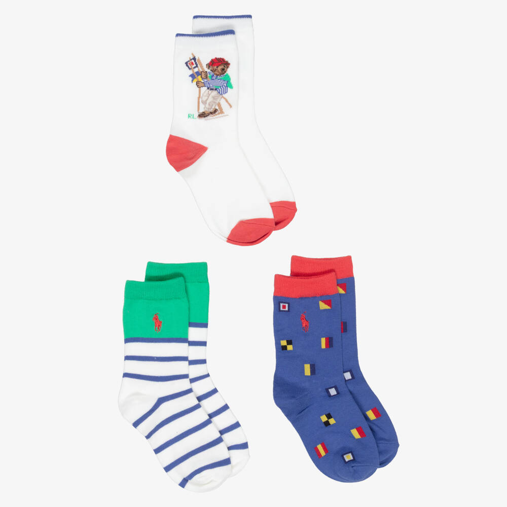 Ralph Lauren-Boys Sailing Bear Cotton Socks (3 Pack) | Childrensalon Outlet