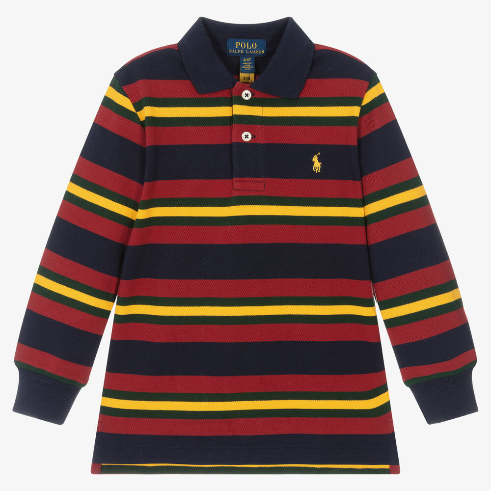 Polo Ralph Lauren - توب بولو قطن بيكيه مقلم لون كحلي وأحمر للأولاد | Childrensalon