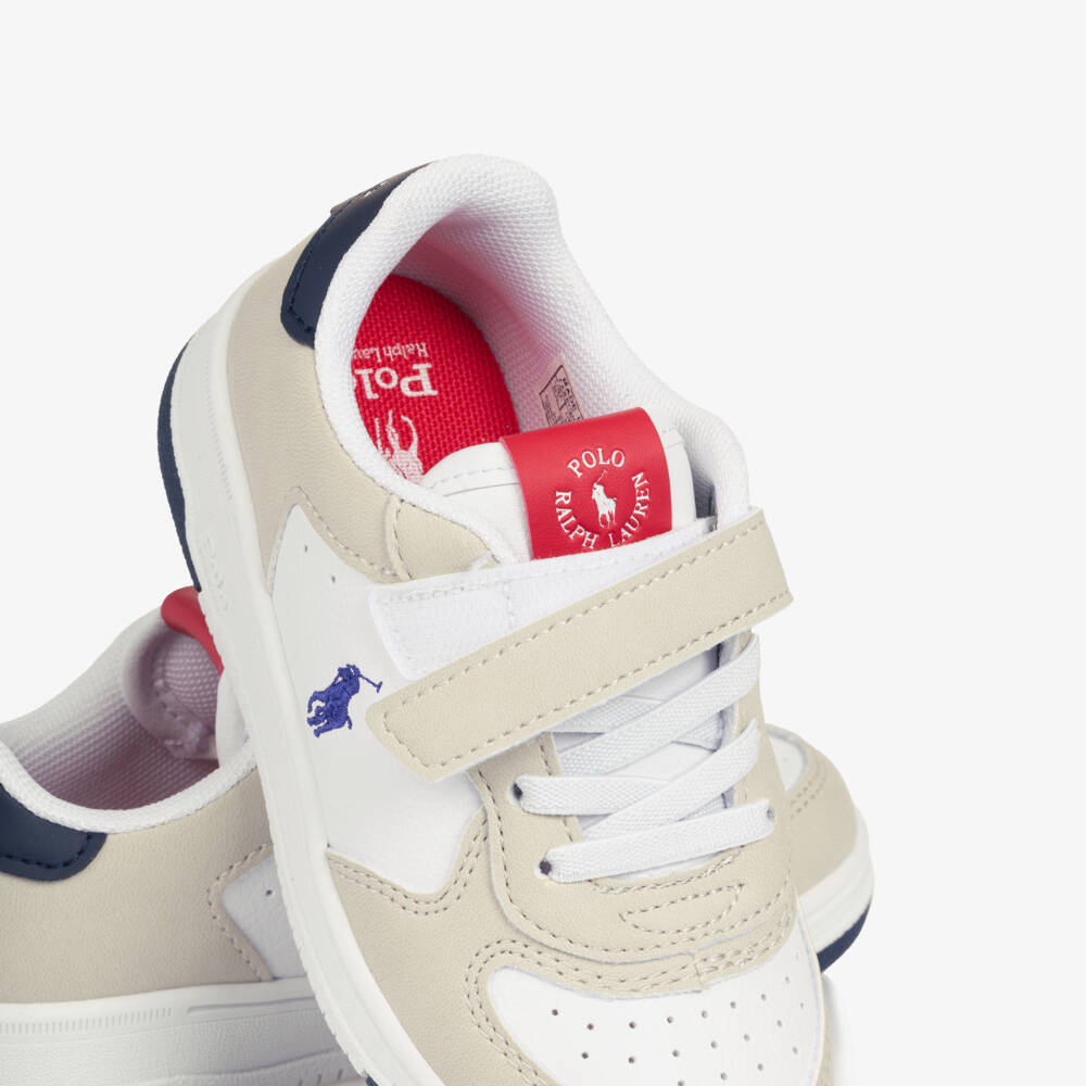 Ralph Lauren-Boys White & Beige Faux Leather Velcro Trainers | Childrensalon Outlet