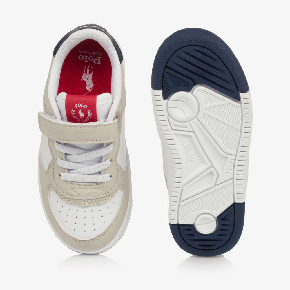 Ralph Lauren-Boys White & Beige Faux Leather Velcro Trainers | Childrensalon Outlet