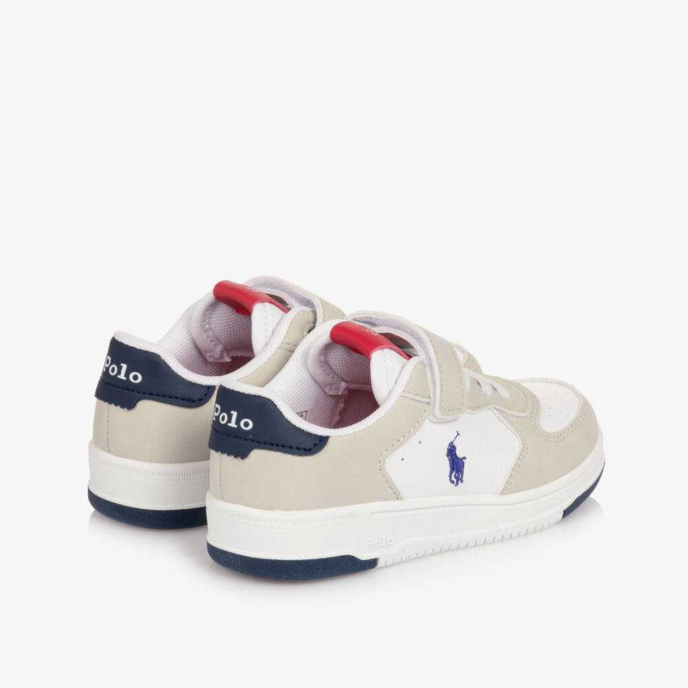 Ralph Lauren-Boys White & Beige Faux Leather Velcro Trainers | Childrensalon Outlet