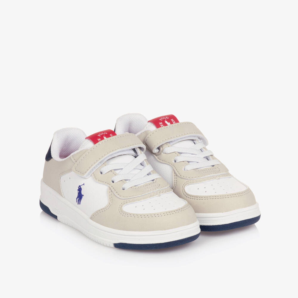 Ralph Lauren-Boys White & Beige Faux Leather Velcro Trainers | Childrensalon Outlet