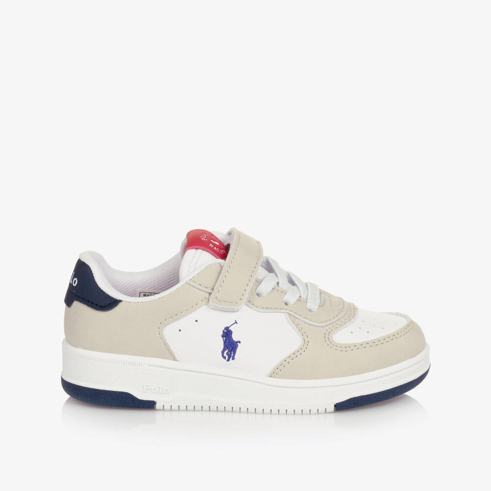 Ralph Lauren-Boys White & Beige Faux Leather Velcro Trainers | Childrensalon Outlet