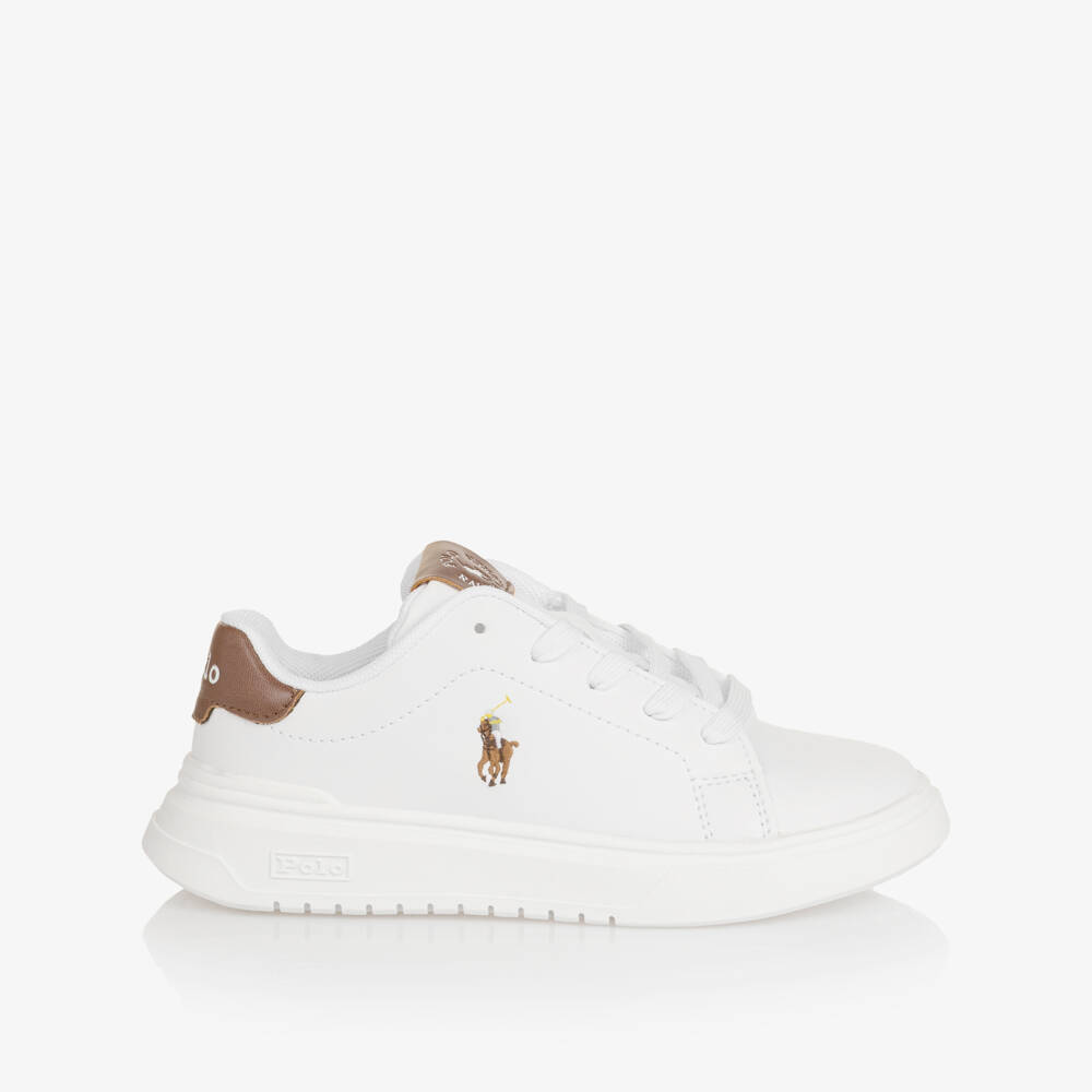 Ralph Lauren-Boys White & Brown Faux Leather Lace-Up Trainers | Childrensalon Outlet