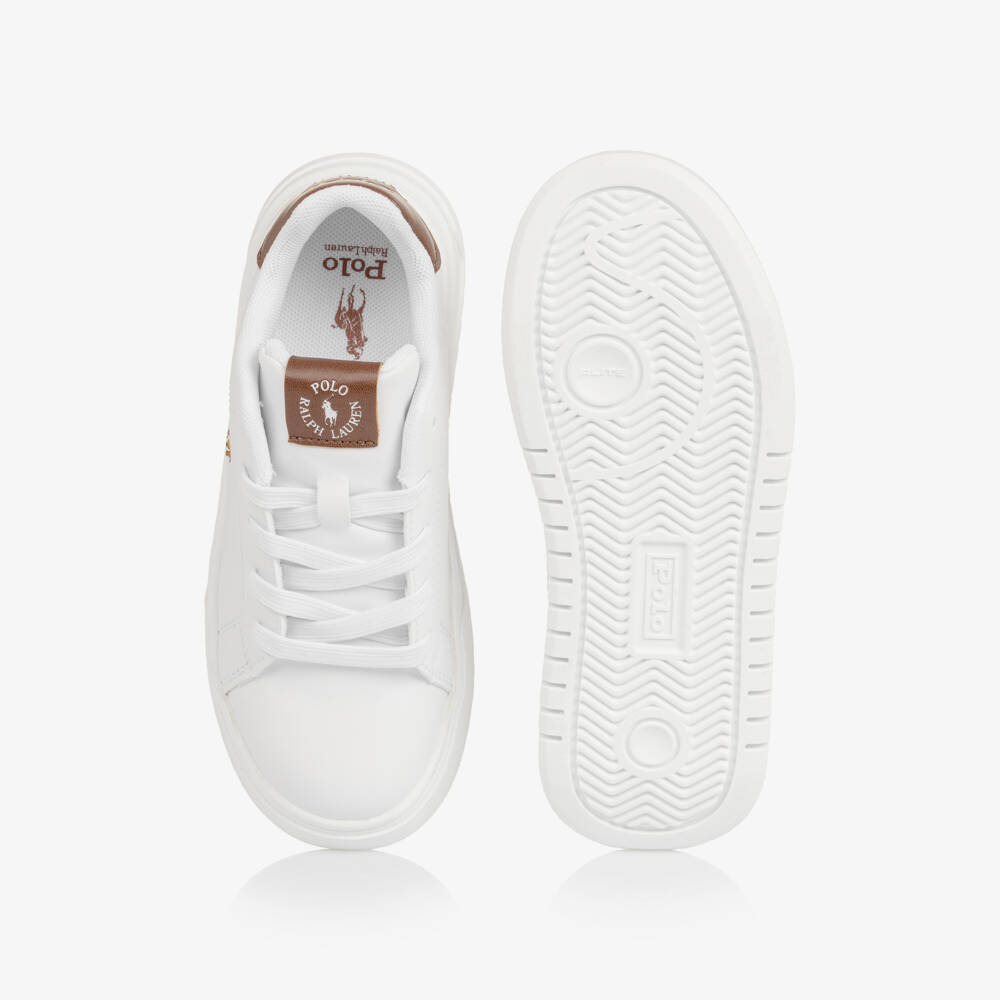 Ralph Lauren-Boys White & Brown Faux Leather Lace-Up Trainers | Childrensalon Outlet