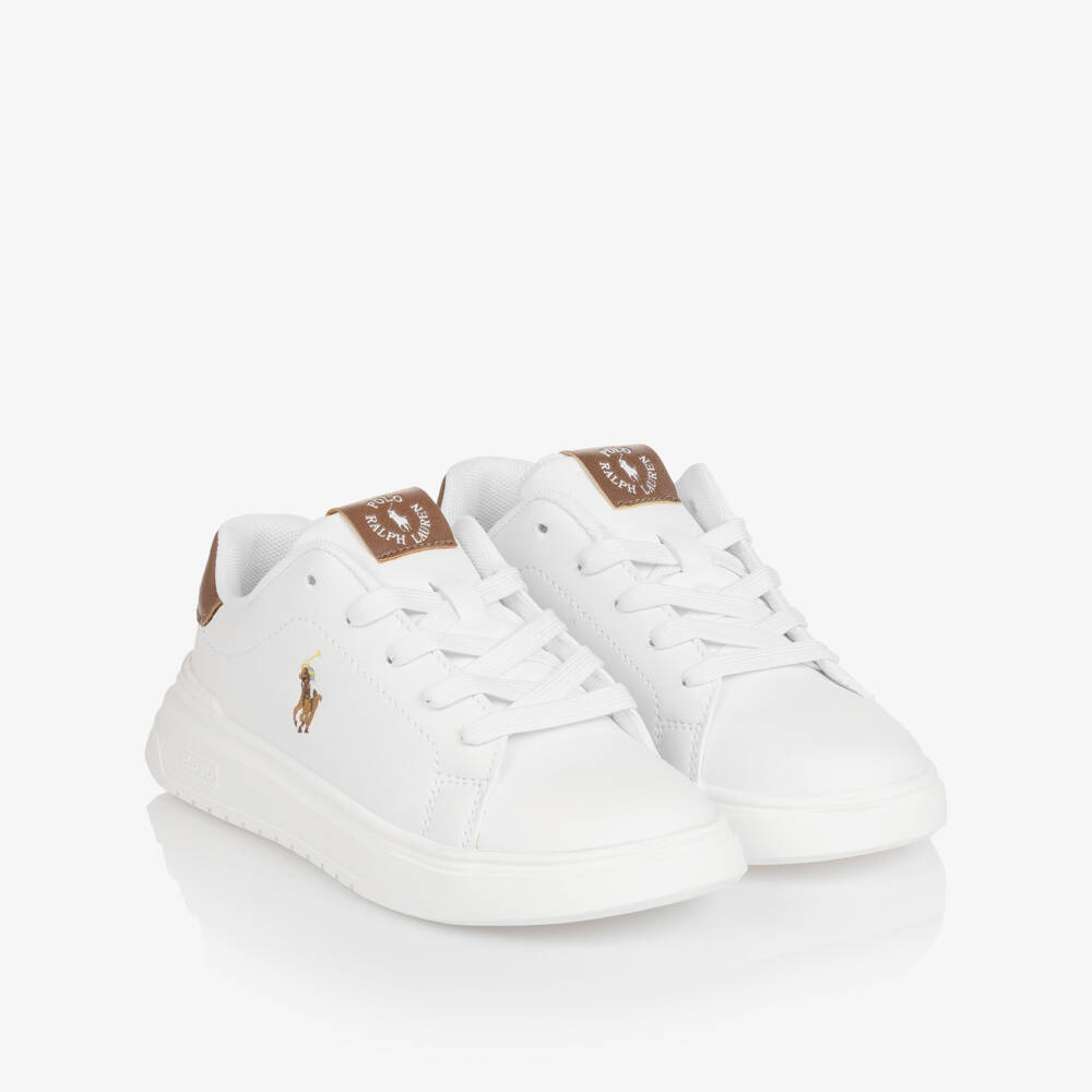 Ralph Lauren-Boys White & Brown Faux Leather Lace-Up Trainers | Childrensalon Outlet