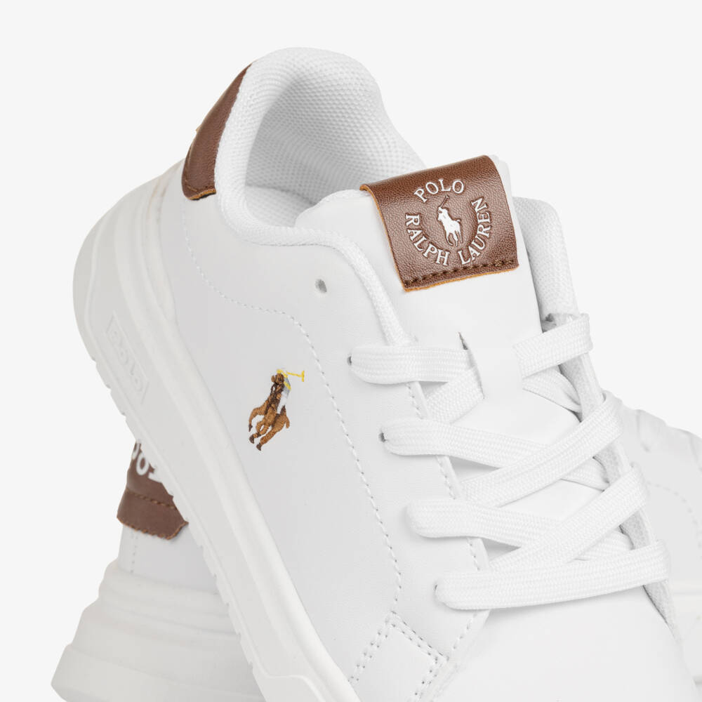 Ralph Lauren-Boys White & Brown Faux Leather Lace-Up Trainers | Childrensalon Outlet