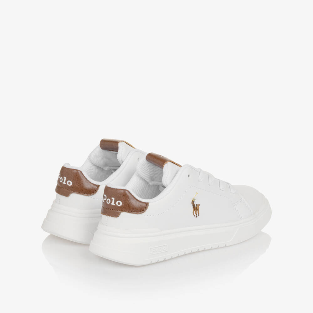 Ralph Lauren-Boys White & Brown Faux Leather Lace-Up Trainers | Childrensalon Outlet