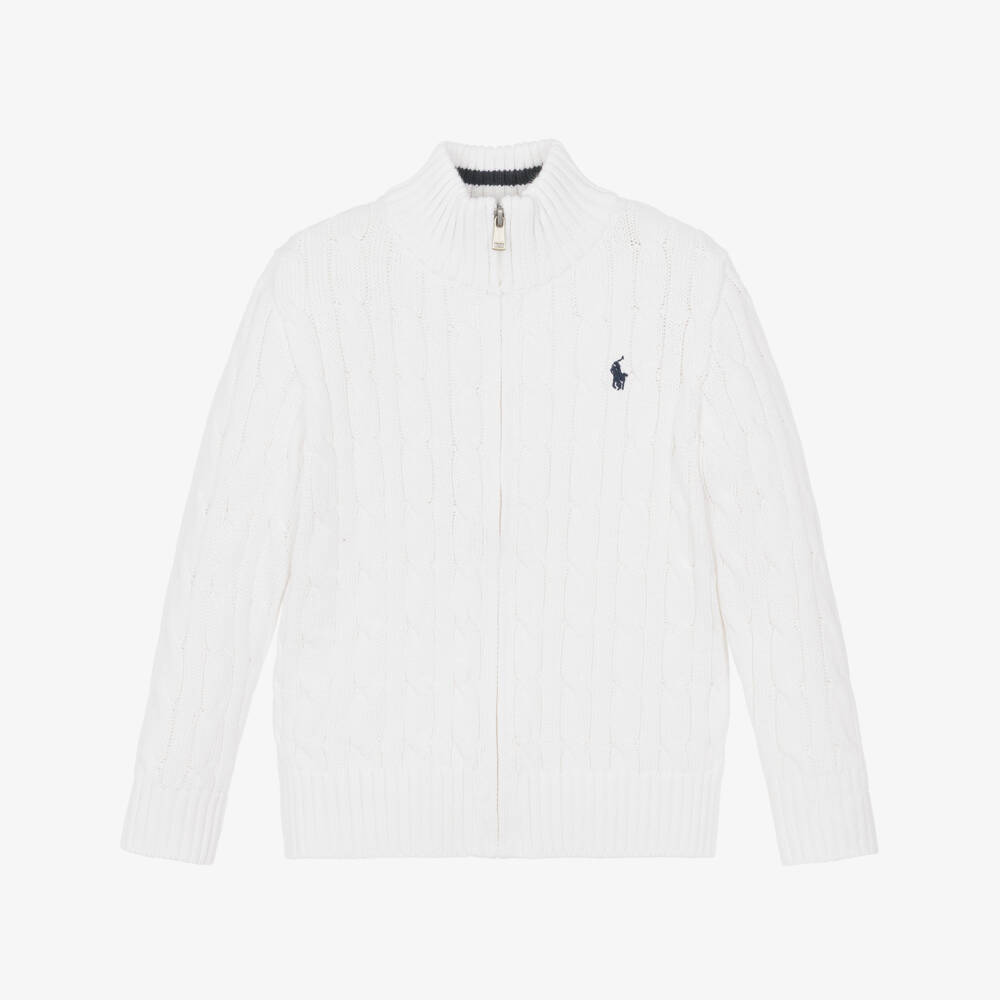 Ralph Lauren-Boys White Cable Knit Cotton Quarter-Zip Sweater | Childrensalon Outlet