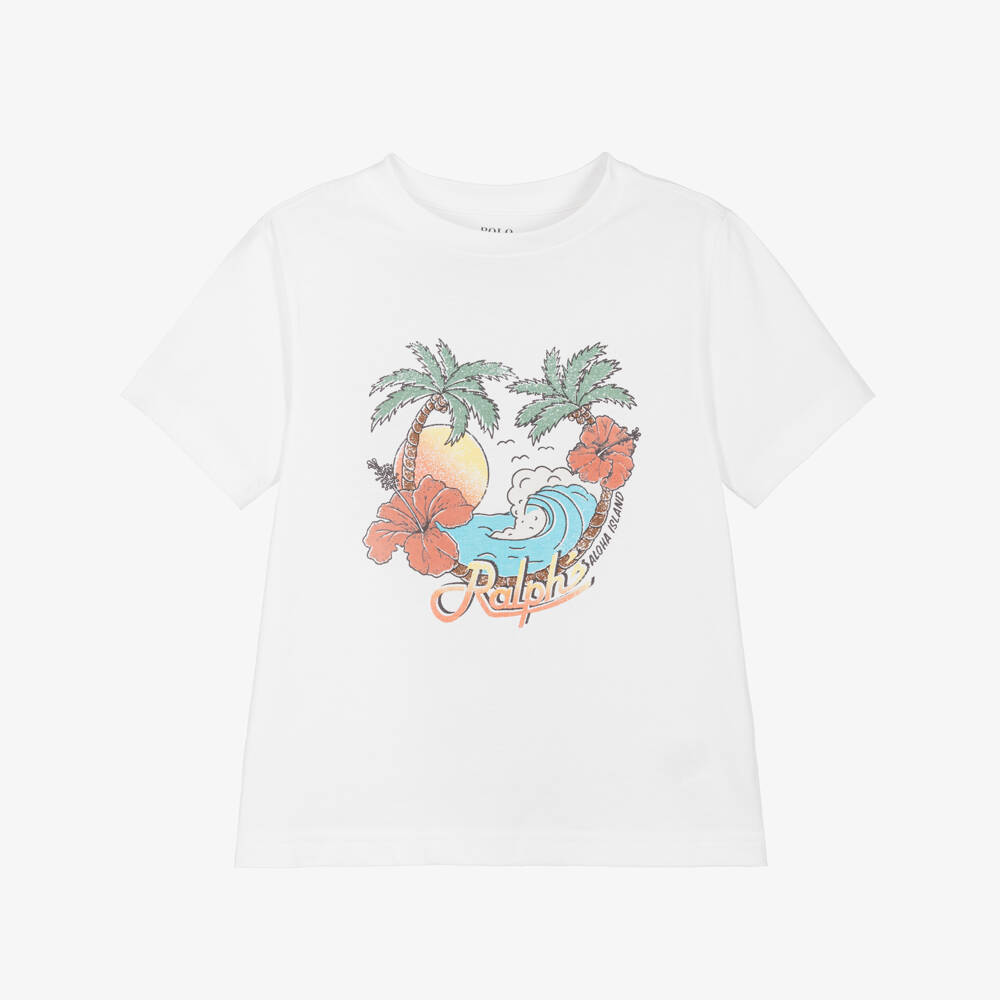Ralph Lauren-Boys White Cotton Beach Island Graphic T-Shirt | Childrensalon Outlet