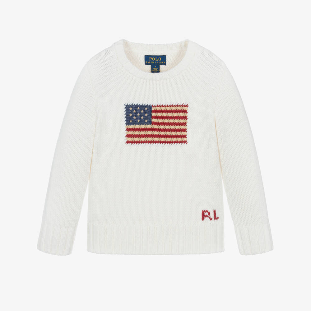 Ralph Lauren-Boys White Cotton Knit Flag Sweater | Childrensalon Outlet