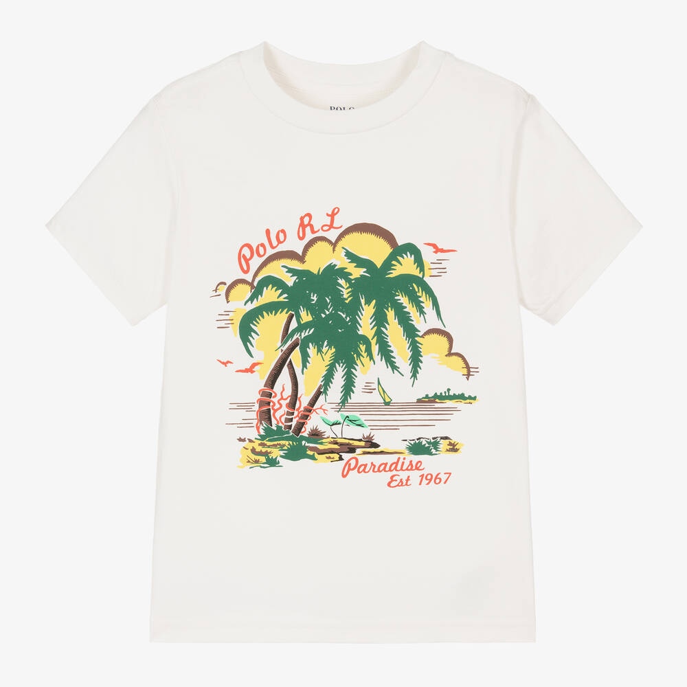 Ralph Lauren - Boys White Cotton Palm Tree T-Shirt | Childrensalon