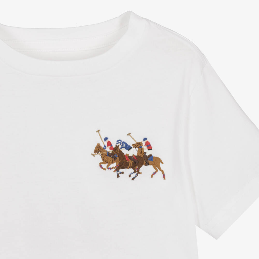Ralph Lauren-Boys White Cotton T-Shirt with Triple-Pony Logo | Childrensalon Outlet