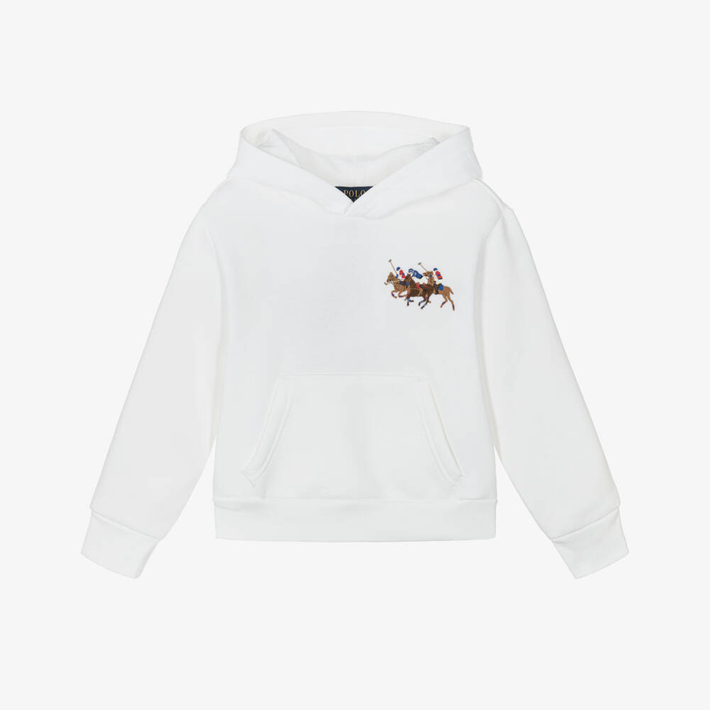 Ralph Lauren-Boys White Cotton Triple Pony Logo Hoodie | Childrensalon Outlet
